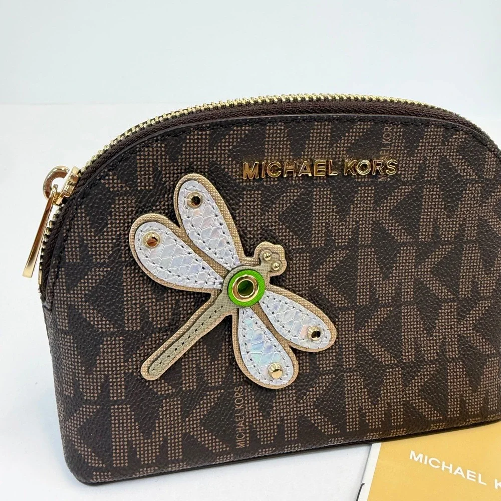 Michael Kors Brown Signature Logo Dragonfly Dome Cosmetic Pouch Bag Gold NEW